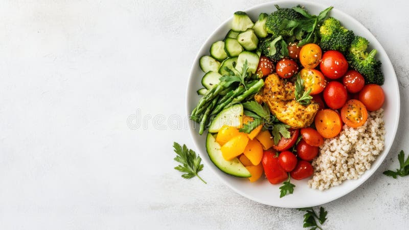A colorful balanced plate of healthy food with grilled chicken, quinoa and fresh vegetables