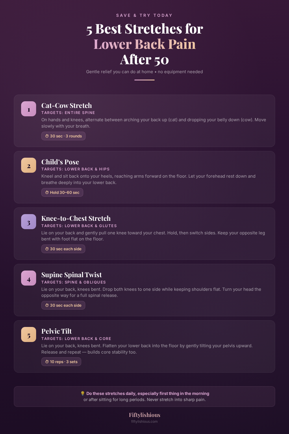 5 Best Stretches for Lower Back Pain After 50 — Plum & Rose Gold Infographic Pin