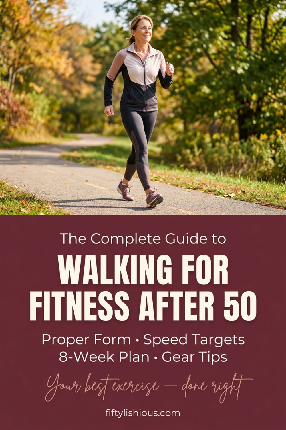 Walking for Fitness After 50 — Burgundy & Cream Lifestyle Pin (NEW)