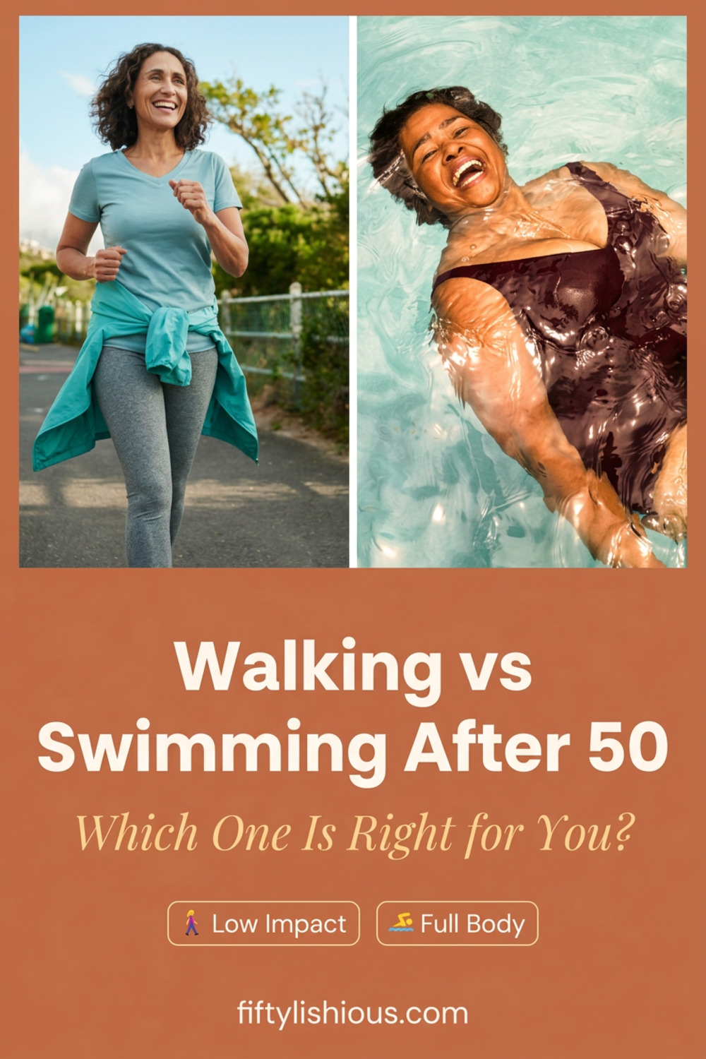 Walking vs Swimming After 50 — Terracotta Lifestyle Pin (NEW)