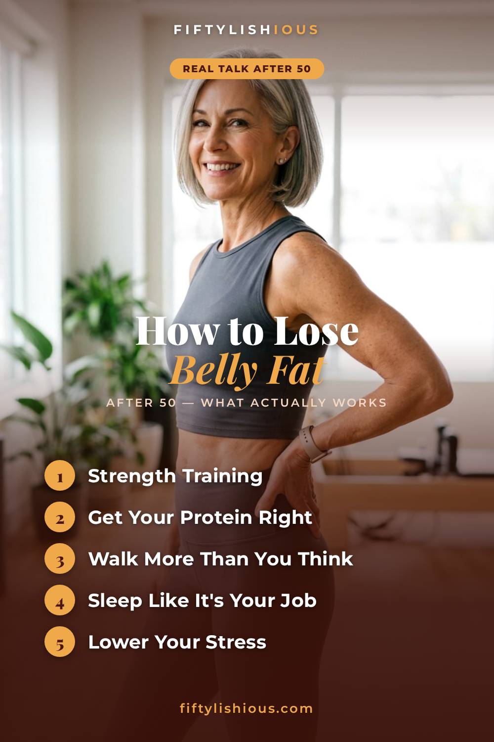 How to Lose Belly Fat After 50 — Deep Maroon & Amber What-Works Pin