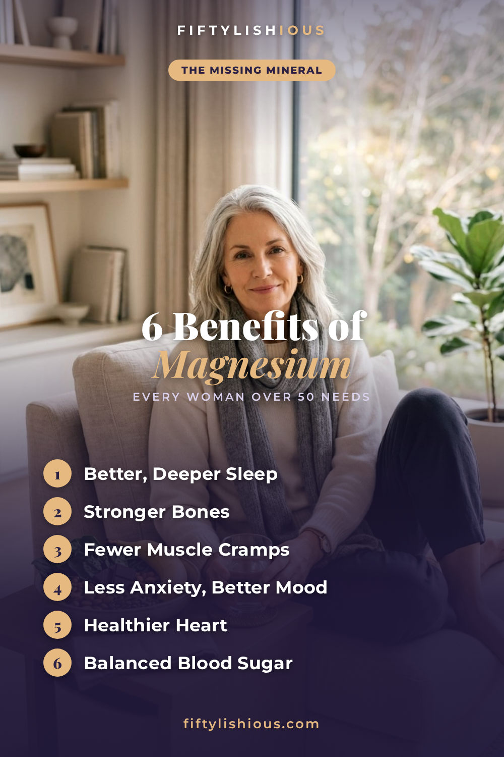 6 Benefits of Magnesium for Women Over 50 — Calm Purple & Gold Wellness Pin