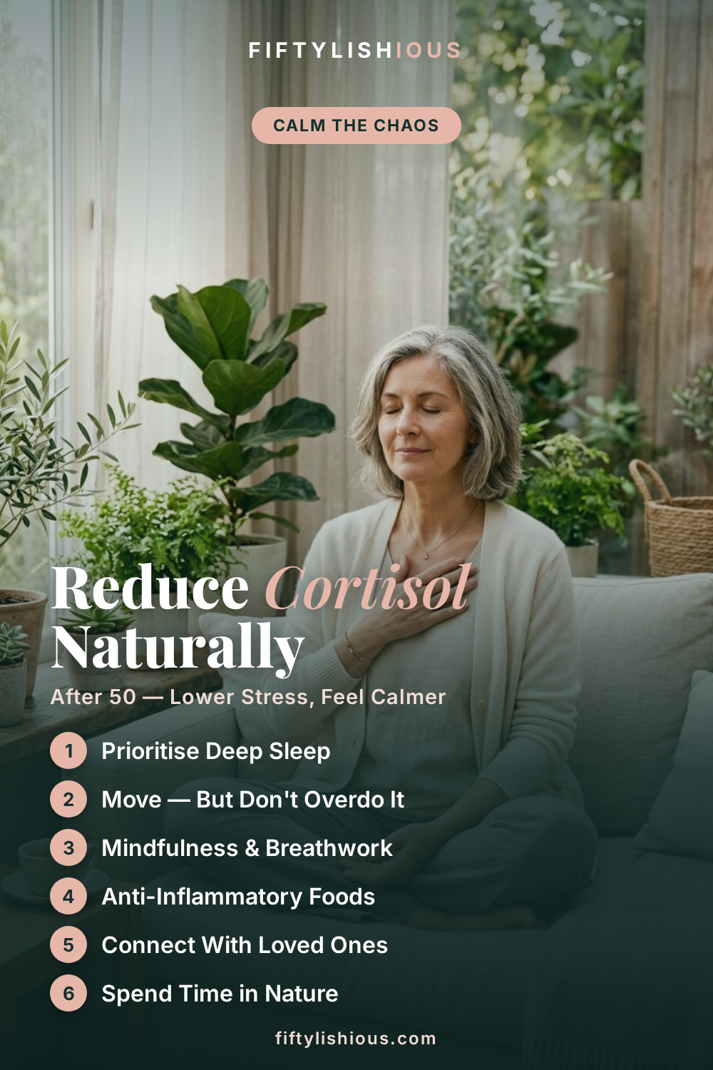 How to Reduce Cortisol Levels Naturally After 50 — Calm Sage & Blush Wellness Pin