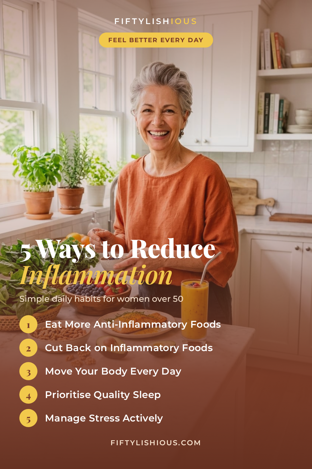 5 Ways to Reduce Inflammation After 50 — Warm Terracotta & Amber Wellness Pin