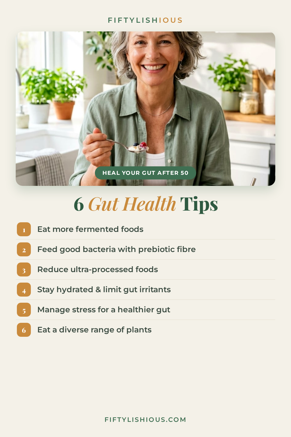 6 Gut Health Tips for Women Over 50 — Bright Cream & Sage Editorial Pin