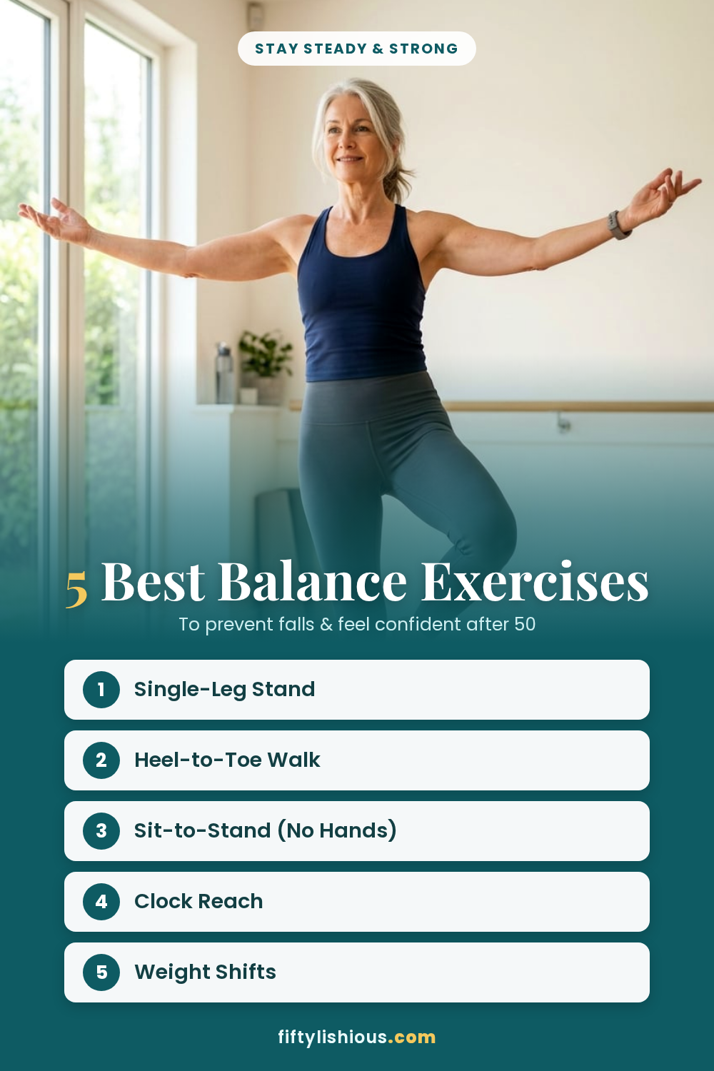 5 Best Balance Exercises to Prevent Falls After 50 — Calming Teal Poster Pin