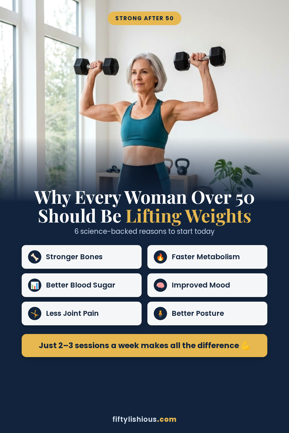 Why Every Woman Over 50 Should Be Lifting Weights — Bold Navy & Gold Pin