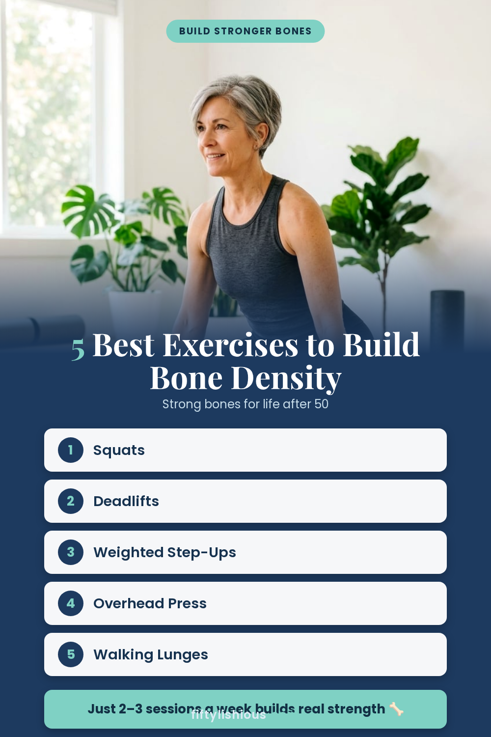 5 Best Exercises to Build Bone Density After 50 — Bold Navy & Teal Poster Pin