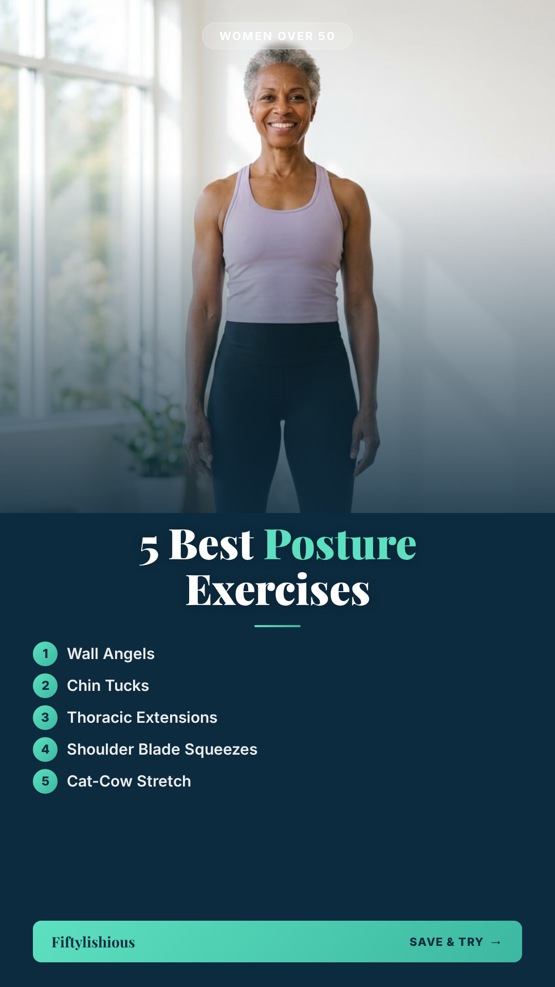 5 Best Posture Exercises for Women Over 50 — Deep Teal & Mint Numbered Pin