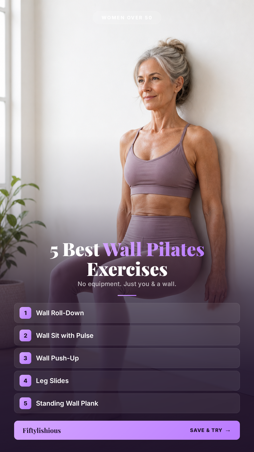 5 Best Wall Pilates Exercises for Women Over 50 — Lavender & Purple Frosted Glass Pin