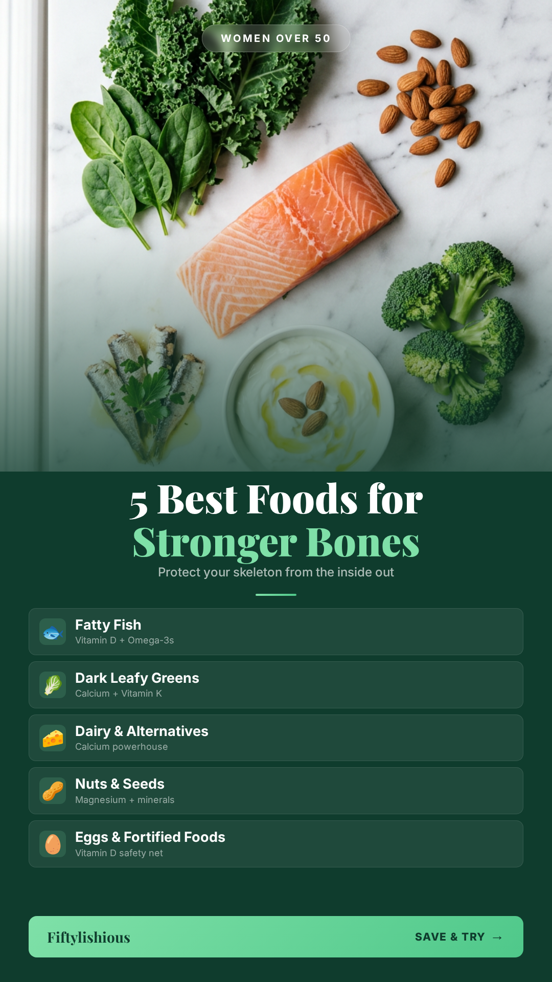 5 Best Foods for Stronger Bones After 50 — Deep Green & Mint Food Pin