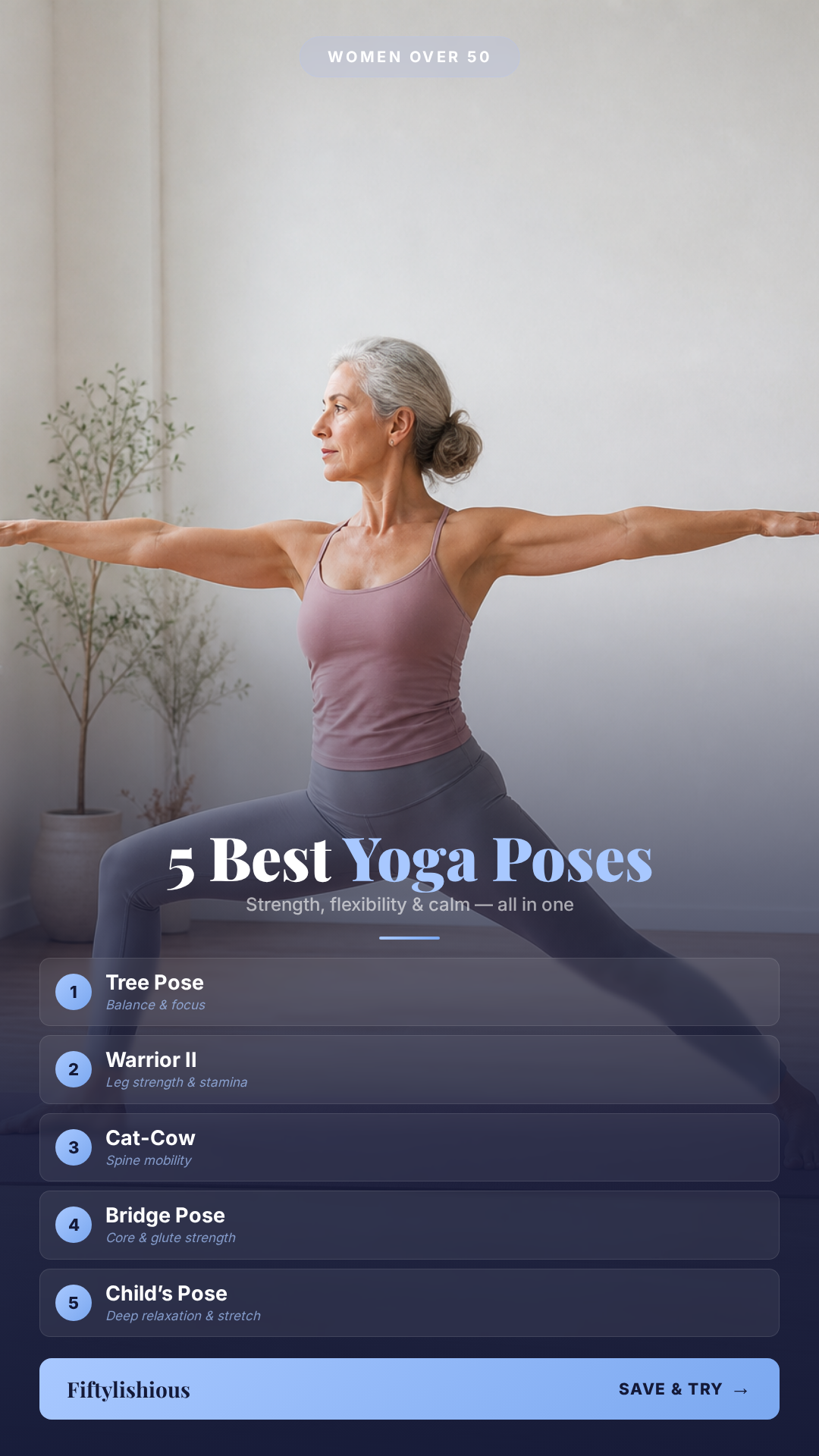 5 Best Yoga Poses for Women Over 50 — Serene Blue & Indigo Benefit Cards Pin