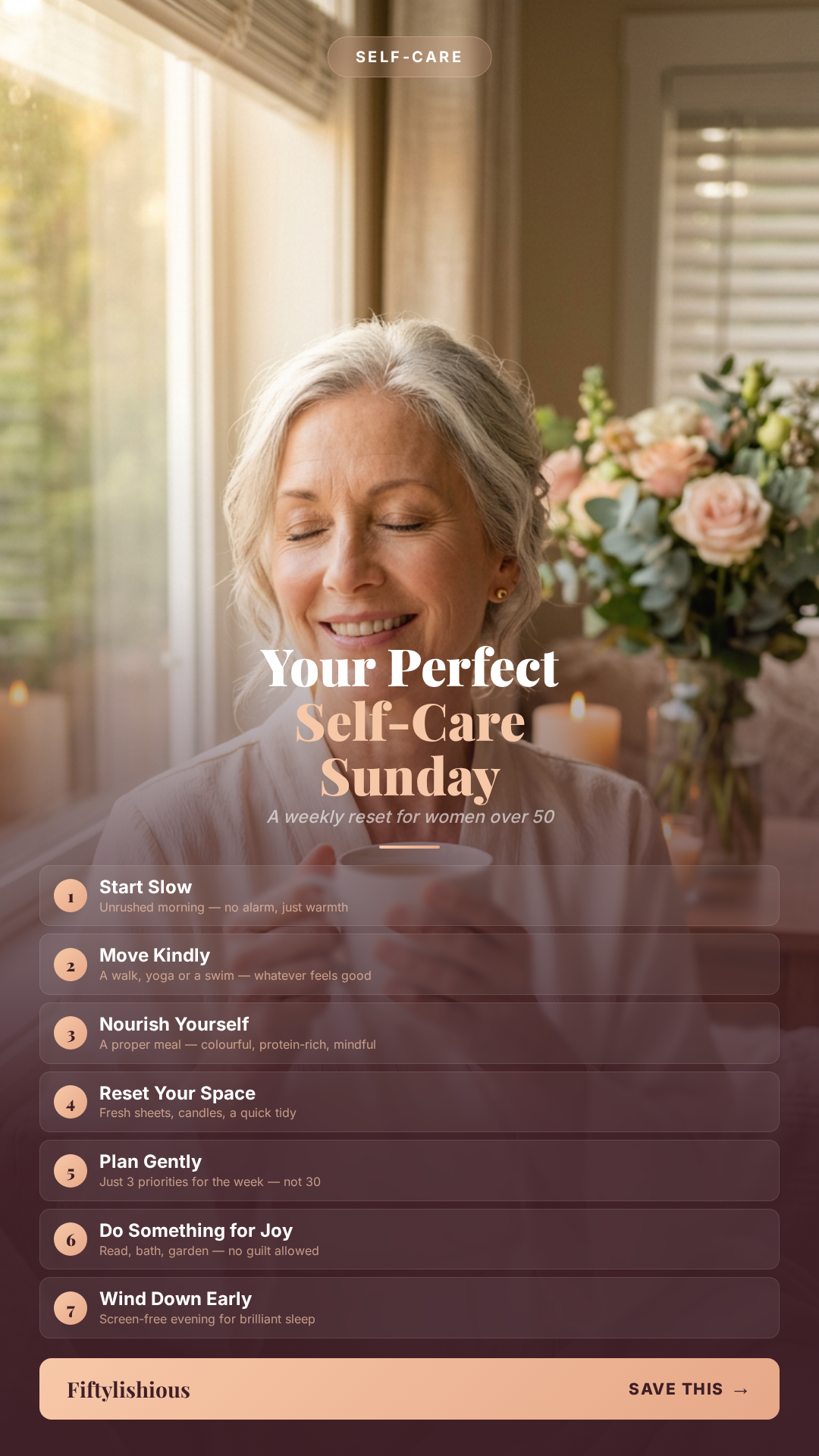 Your Perfect Self-Care Sunday: A Weekly Reset for Women Over 50 — Warm Peach & Plum Numbered Pin (NEW)