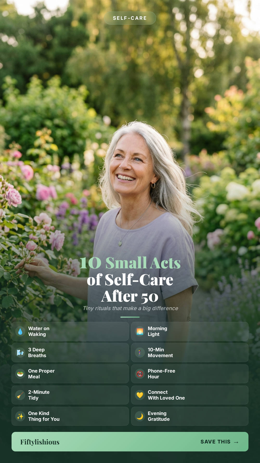10 Small Acts of Self-Care That Make a Big Difference After 50 — Fresh Sage & Green Grid Pin (NEW)