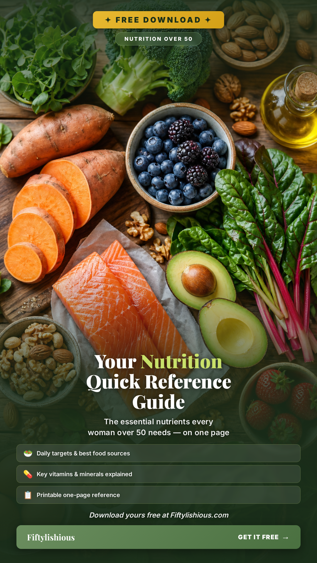 FREE Nutrition Quick Reference Guide for Women Over 50 — Earthy Green Food Pin (NEW)
