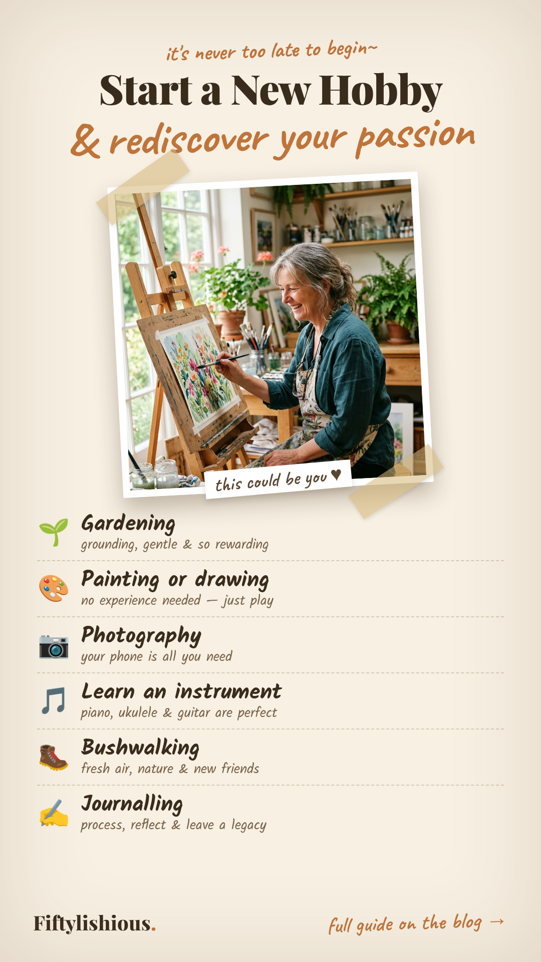 How to Start a New Hobby After 50 & Rediscover Your Passion — Warm Scrapbook / Journal Style Pin (NEW STYLE)