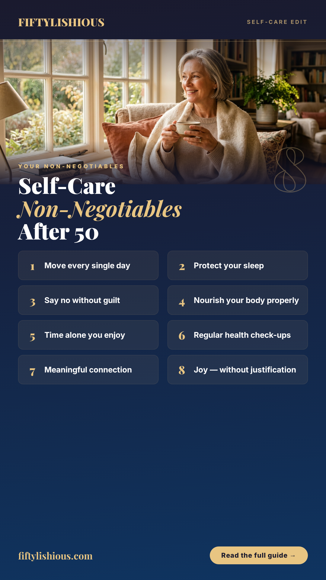 8 Self-Care Non-Negotiables After 50 — Dark Navy Magazine Cover Pin (NEW)