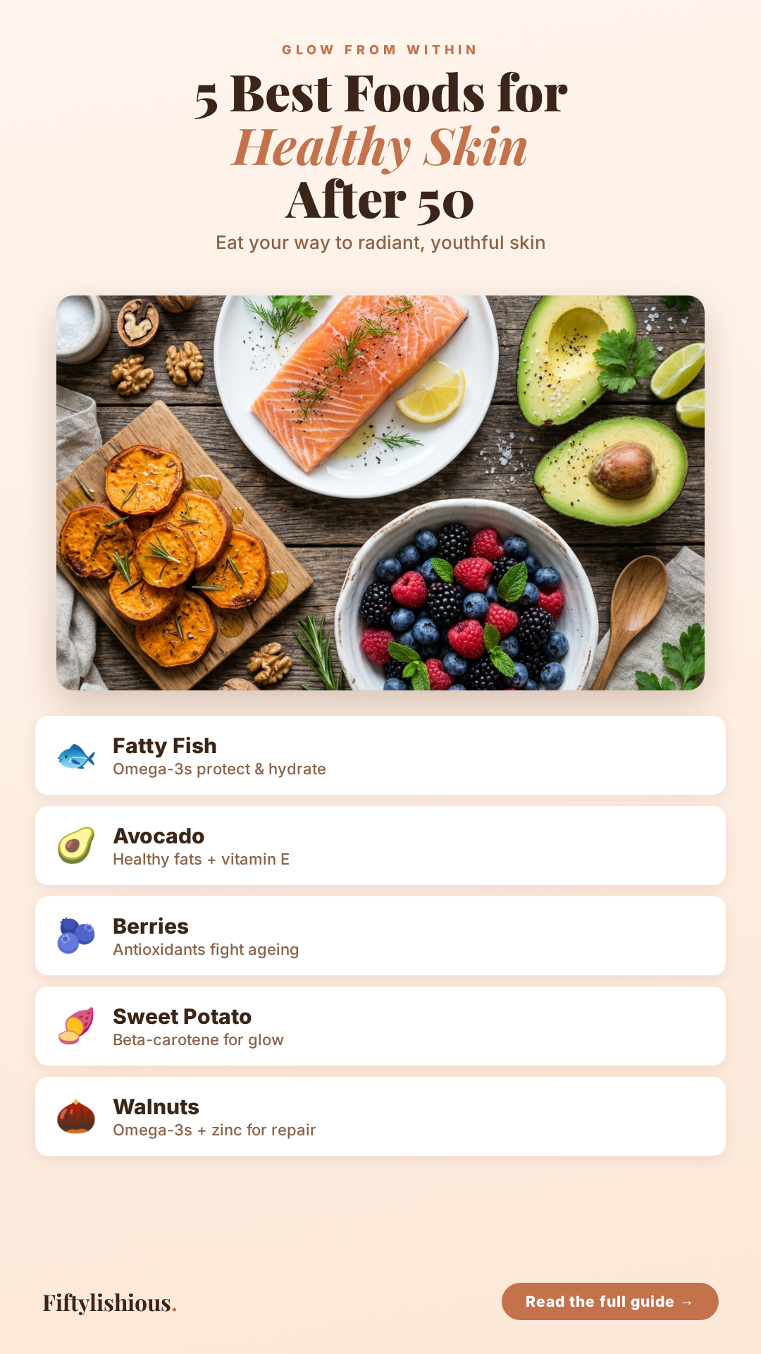 5 Best Foods for Healthy Skin After 50 — Peach Recipe Card Pin (NEW)
