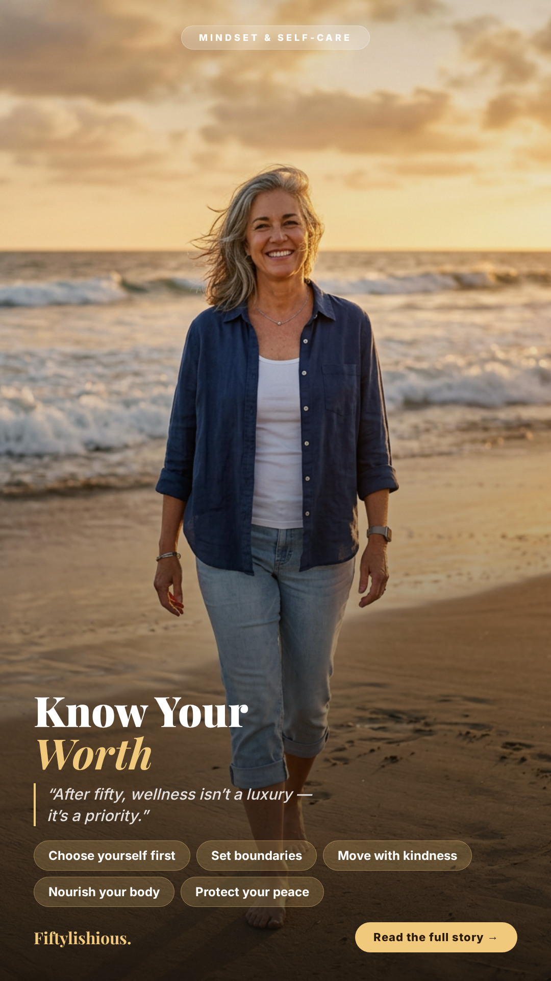 Know Your Worth: Wellness After 50 — Golden Hour Beach Poster Pin (NEW)