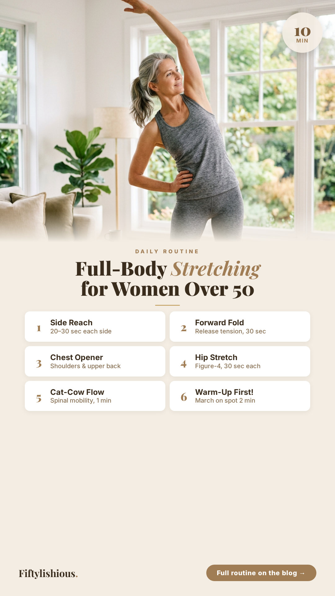 10-Minute Full-Body Stretching Routine for Women Over 50 — Warm Routine Card Pin (NEW)