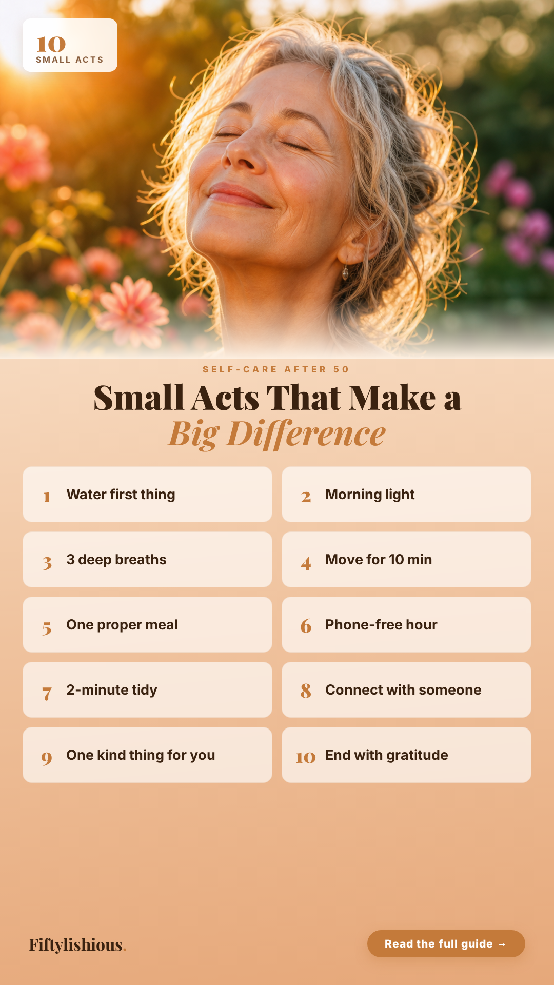 10 Small Acts of Self-Care That Make a Big Difference After 50 — Warm Sunset Gradient Pin (NEW)