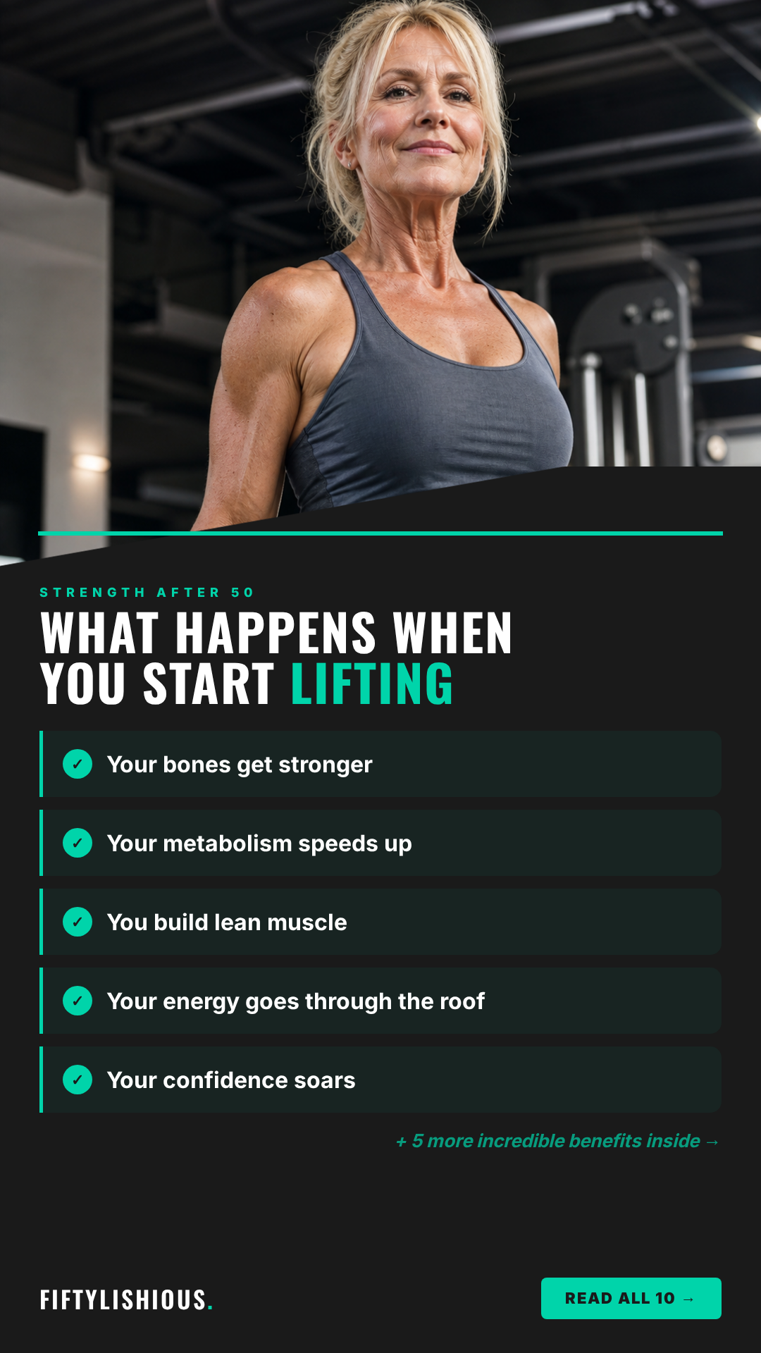 What Happens When You Start Lifting After 50 — Bold Dark Charcoal & Teal Fitness Pin