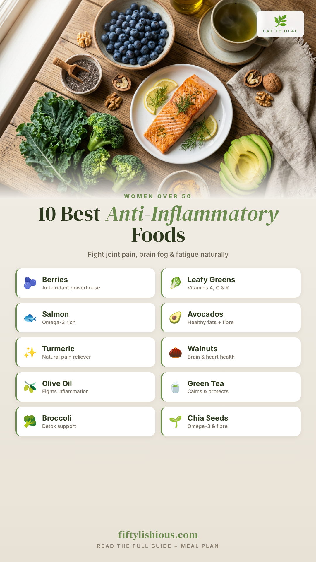 10 Best Anti-Inflammatory Foods for Women Over 50 — Earthy Green Wellness Pin (NEW)