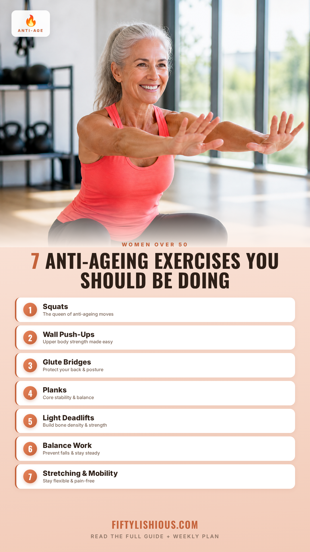 7 Anti-Ageing Exercises Every Woman Over 50 Should Be Doing — Warm Coral Fitness Pin (NEW)