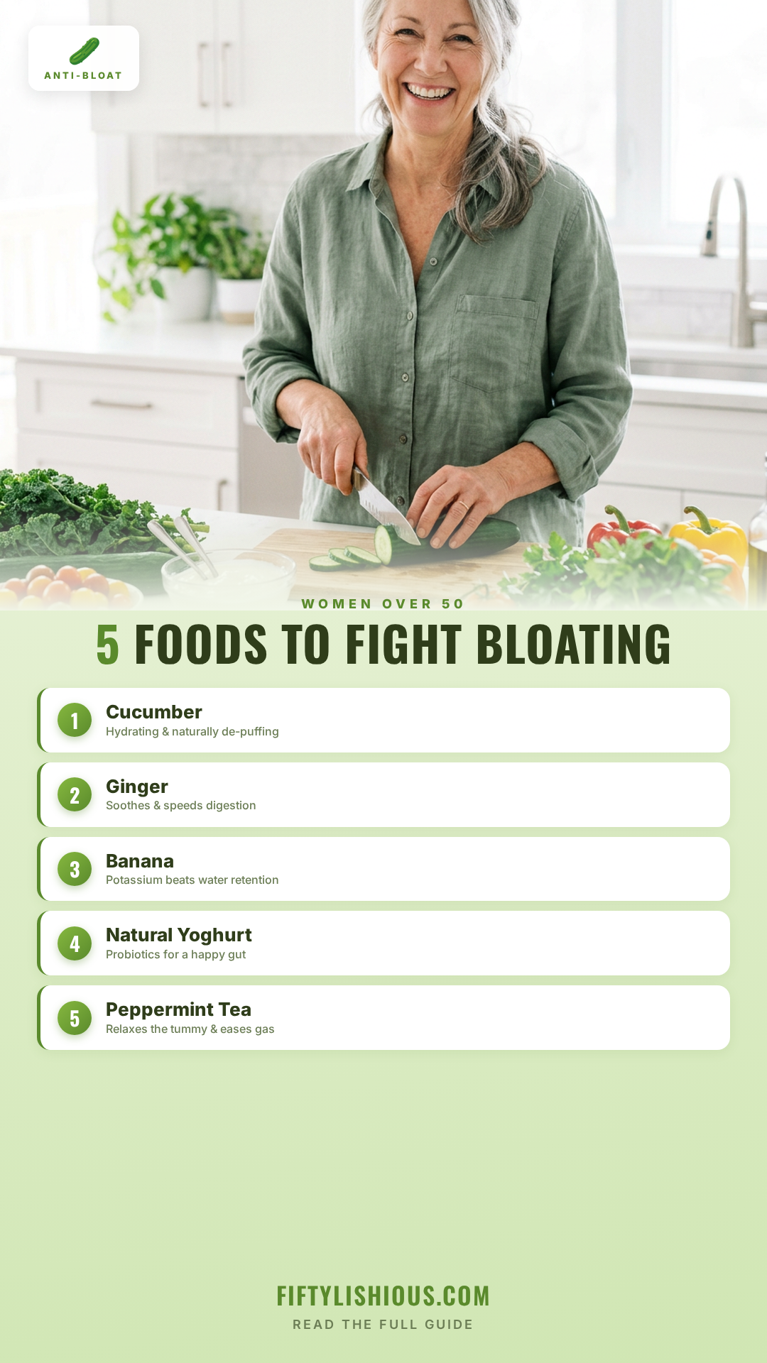 5 Best Foods to Fight Bloating After 50 — Fresh Green Food Pin (NEW)