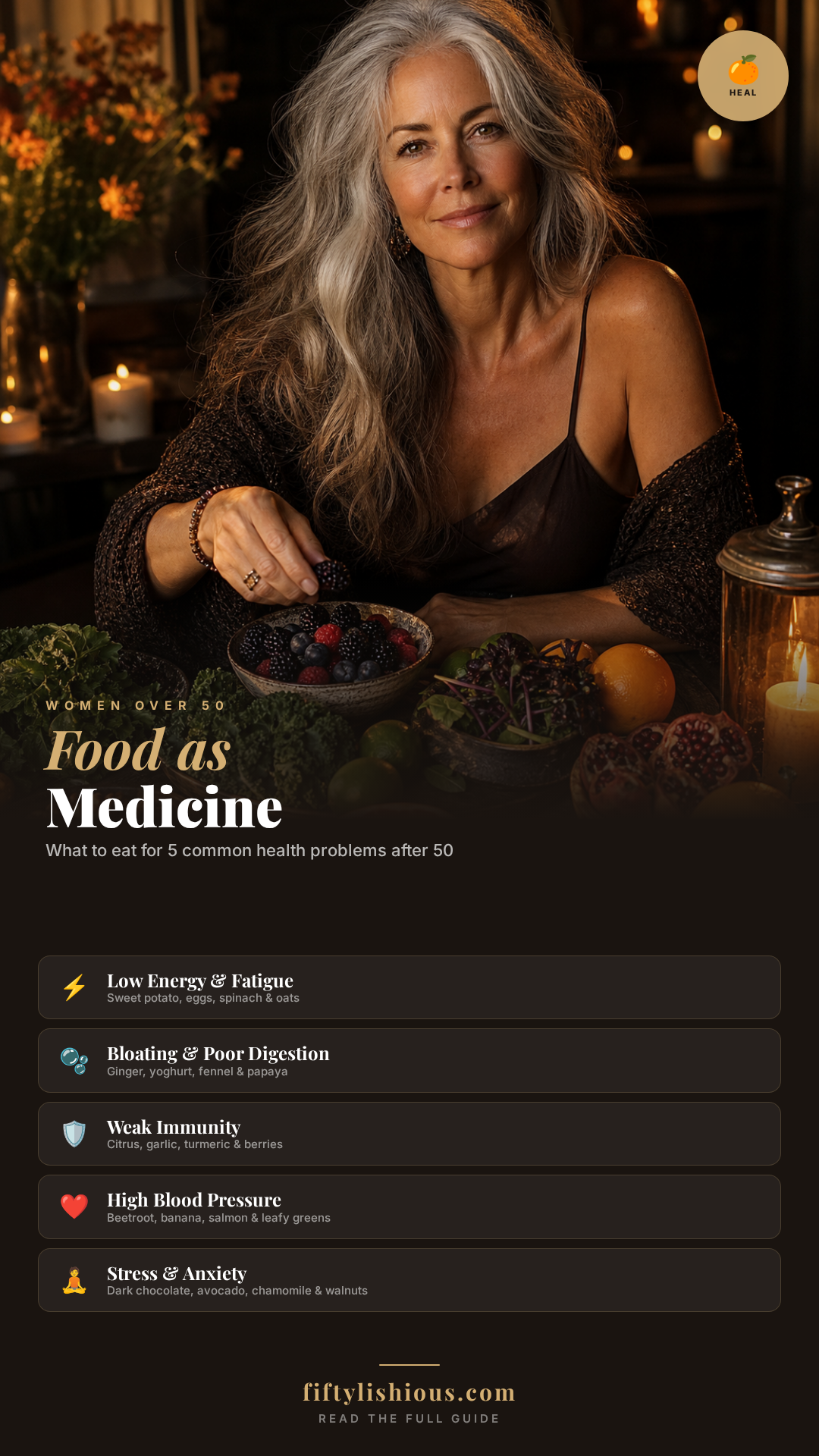 Food as Medicine: What to Eat for 5 Common Health Problems After 50 — Dark Luxe Magazine Editorial Pin (NEW)