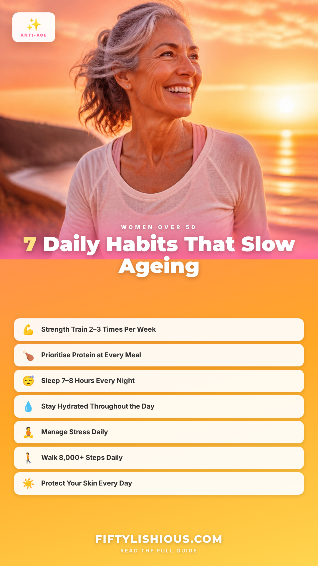 7 Daily Habits That Slow Ageing After 50 — Vibrant Coral to Gold Gradient Pin (NEW)