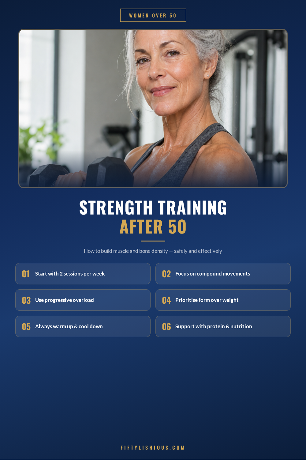 Strength Training After 50: How to Build Muscle and Bone Density — Navy & Gold Fitness Pin (NEW)