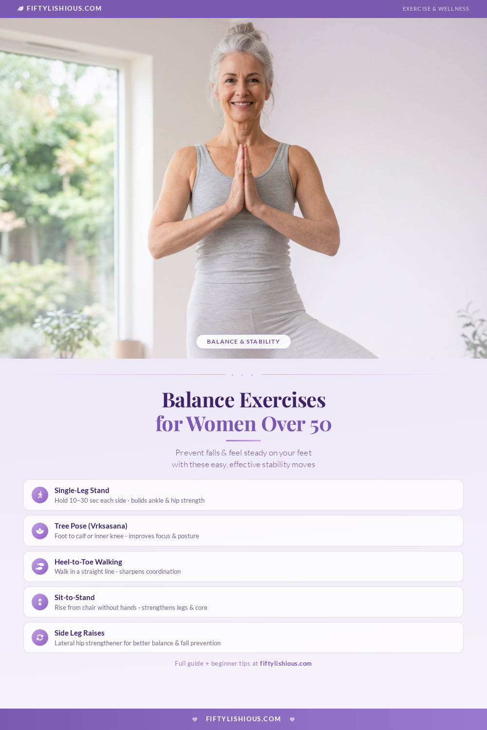 Balance Exercises for Women Over 50: Prevent Falls & Feel Steady — Soft Purple Wellness Pin (NEW)