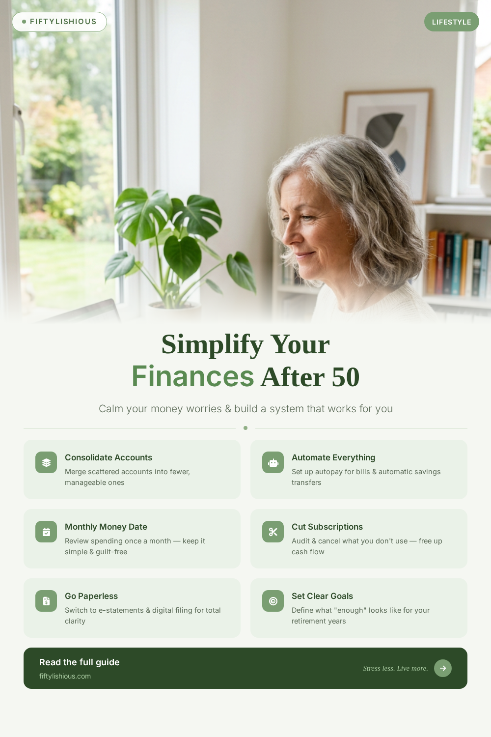Simplify Your Finances After 50 and Stress Less About Money — Sage Green Lifestyle Pin (NEW)