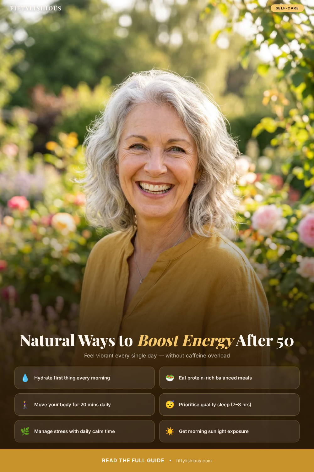Natural Ways to Boost Energy After 50: Feel Vibrant Every Day — Sunrise Gold Self-Care Pin (NEW)