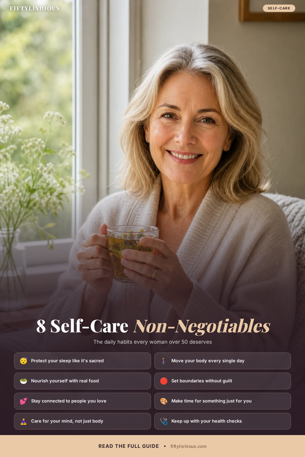 8 Self-Care Non-Negotiables Every Woman Over 50 Deserves — Warm Plum Full-Photo Self-Care Pin (NEW)
