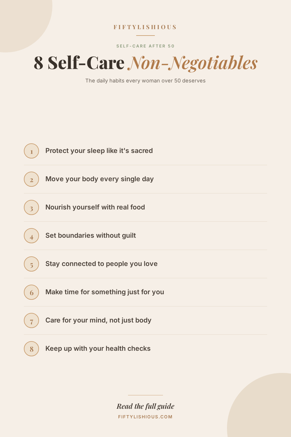 8 Self-Care Non-Negotiables Every Woman Over 50 Deserves — Cream Editorial Checklist Pin (NEW STYLE)
