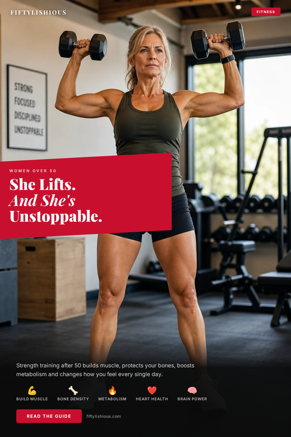 She Lifts. And She's Unstoppable. Strength Training for Women Over 50 — Bold Red Magazine Cover Pin (NEW STYLE)