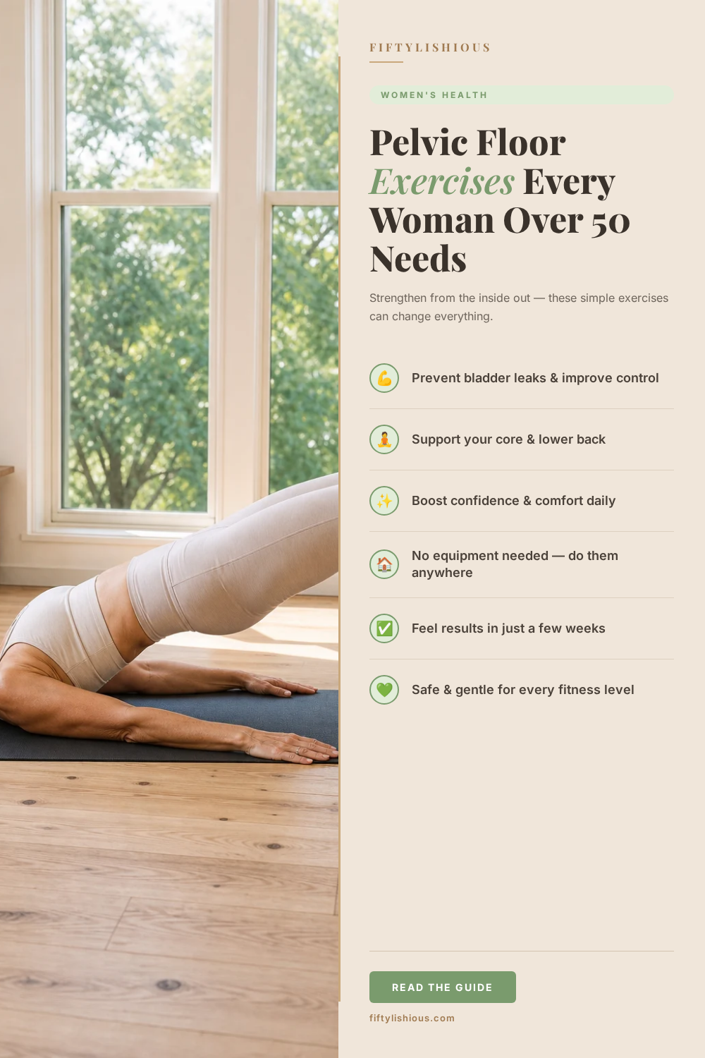 Pelvic Floor Exercises Every Woman Over 50 Needs — Sage Green Split Layout Pin (NEW STYLE)