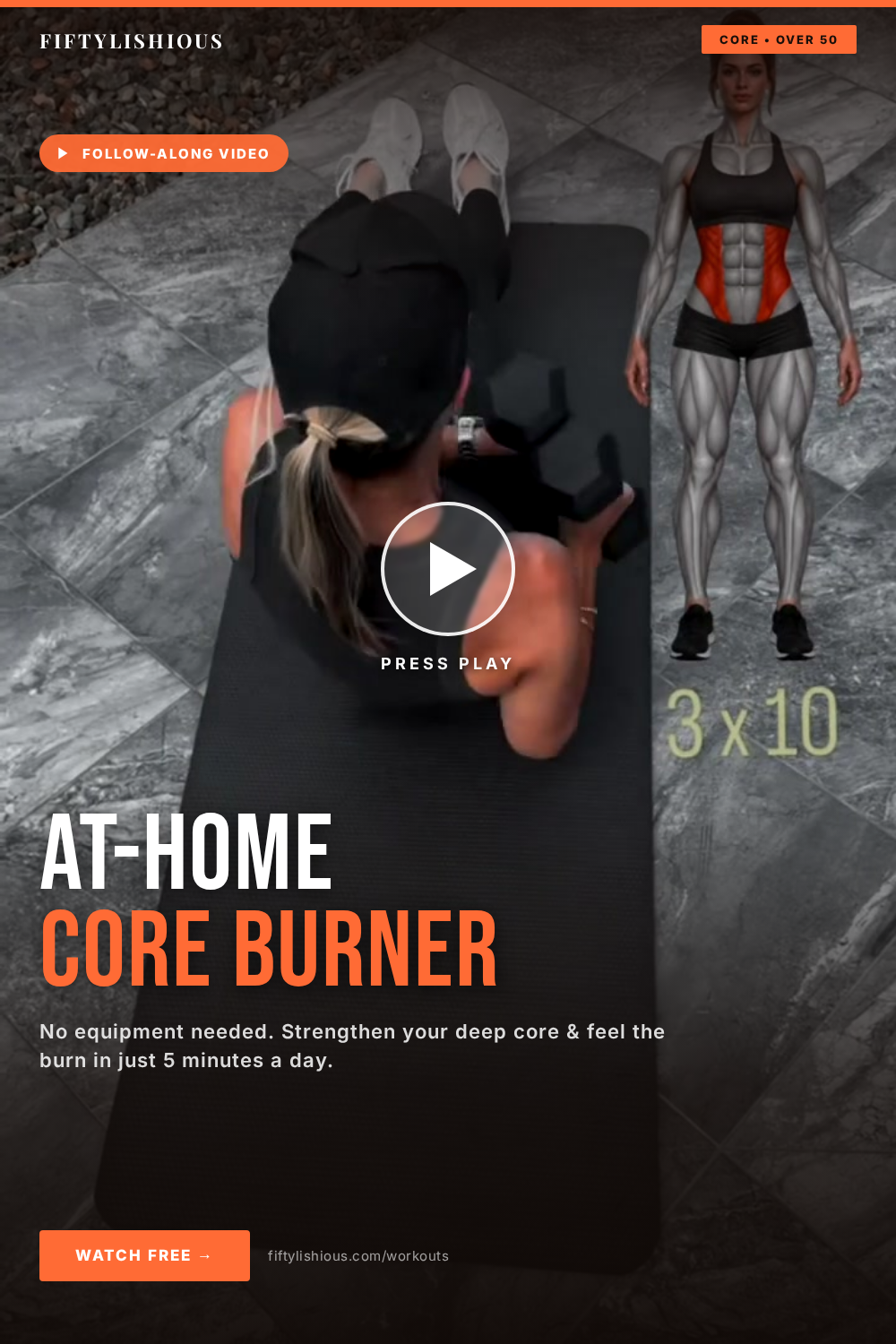 At-Home Core Burner Video — Warm Orange Follow-Along Video Pin (NEW STYLE)