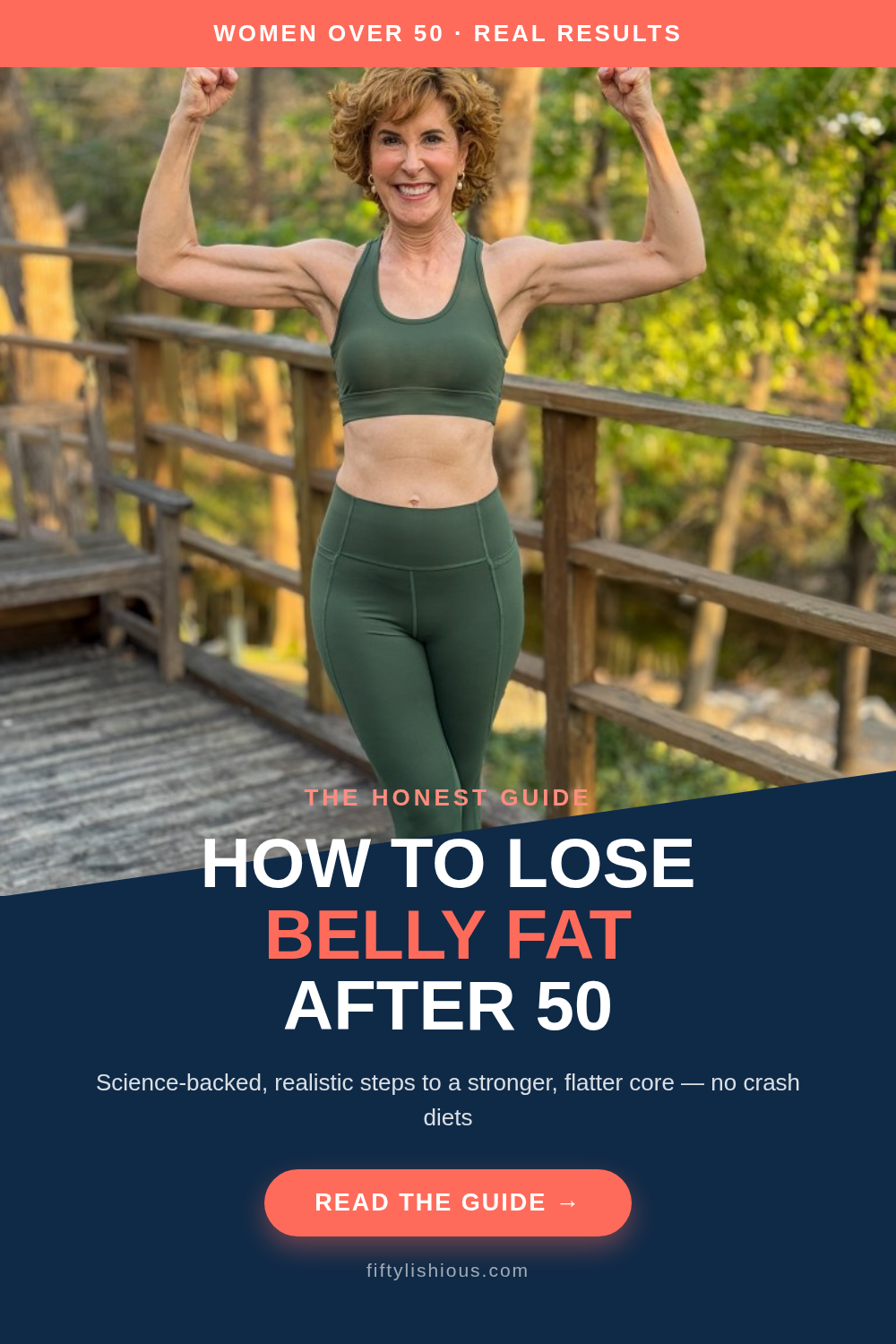 How to Lose Belly Fat After 50 — Navy & Coral Bold Diagonal Pin (NEW STYLE)
