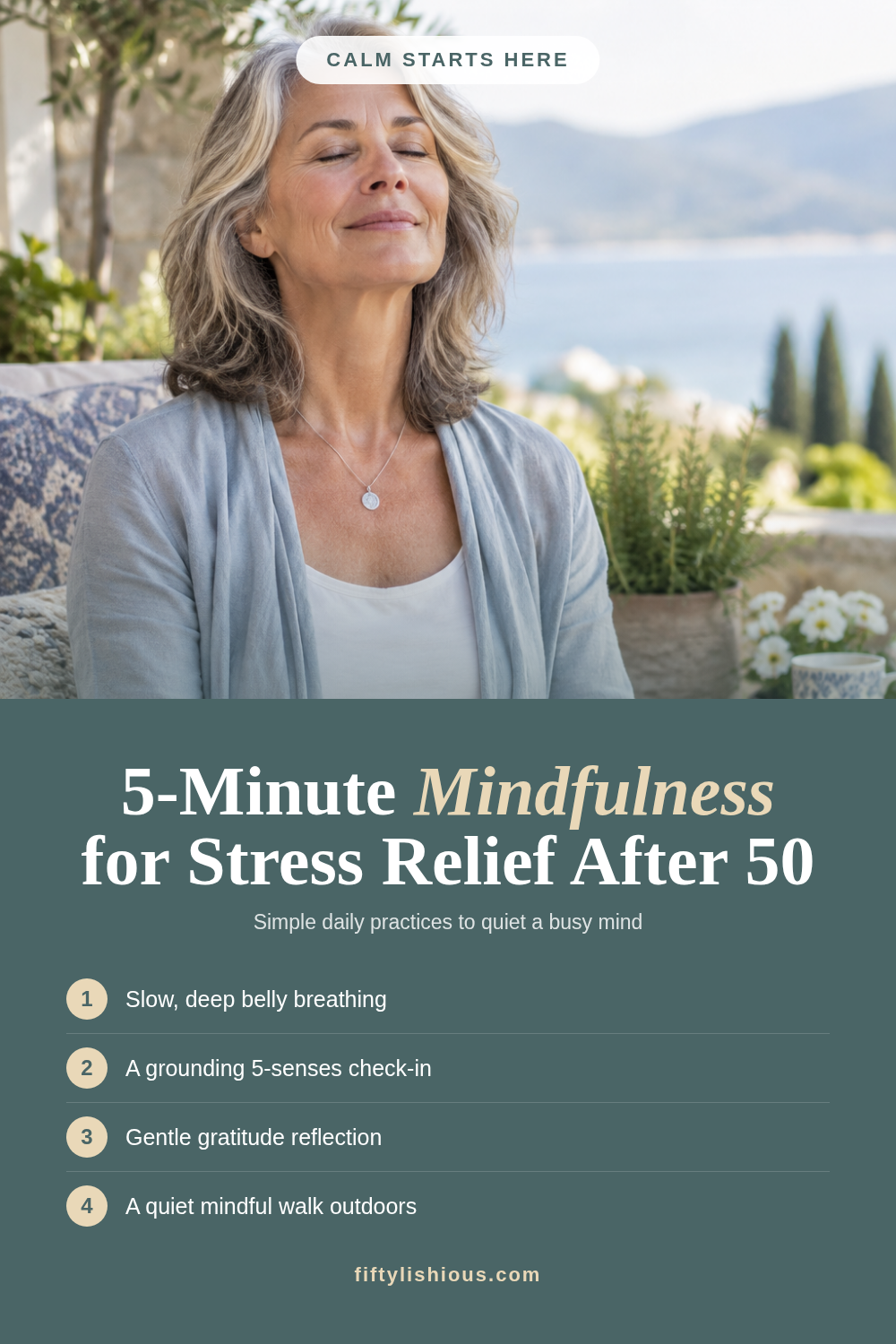 5-Minute Mindfulness for Stress Relief After 50 — Serene Sage Photo + Practices Pin (NEW STYLE)