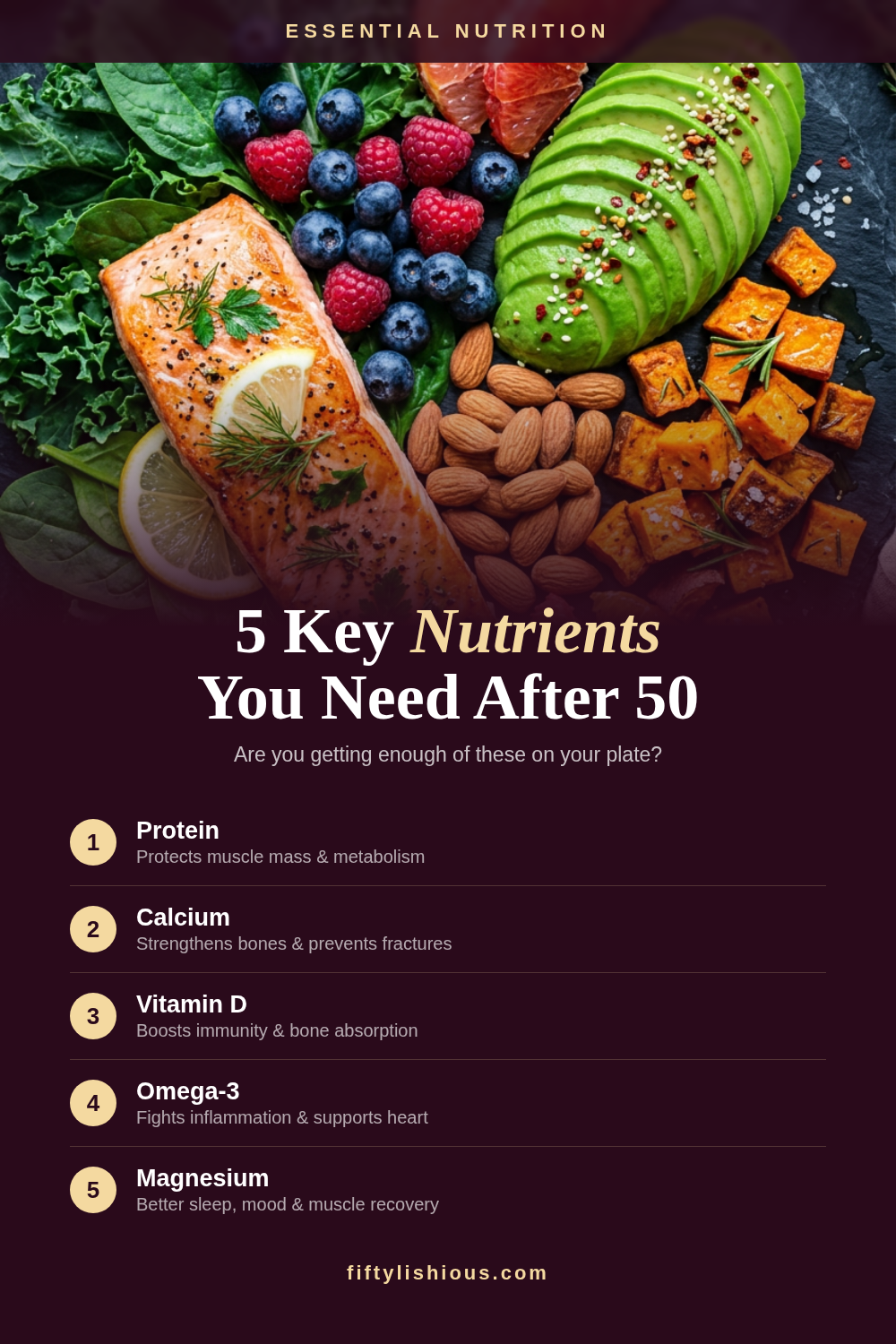 5 Key Nutrients You Need After 50 — Rich Burgundy & Gold Numbered List Pin (NEW STYLE)