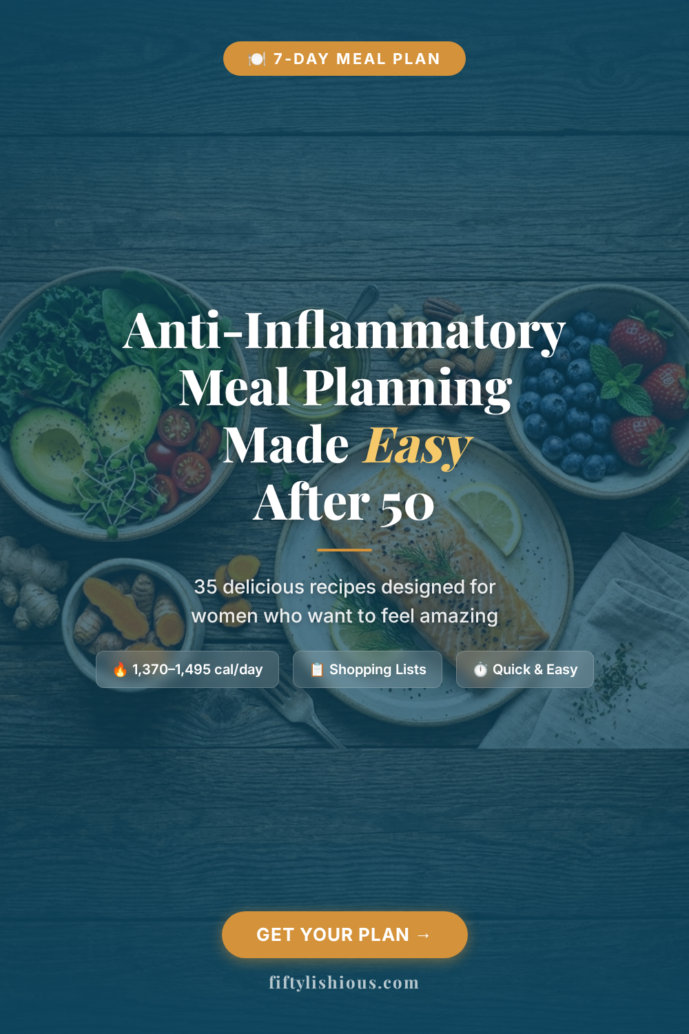 Anti-Inflammatory Meal Planning Made Easy After 50 — Deep Teal & Gold Meal Plan Promo Pin