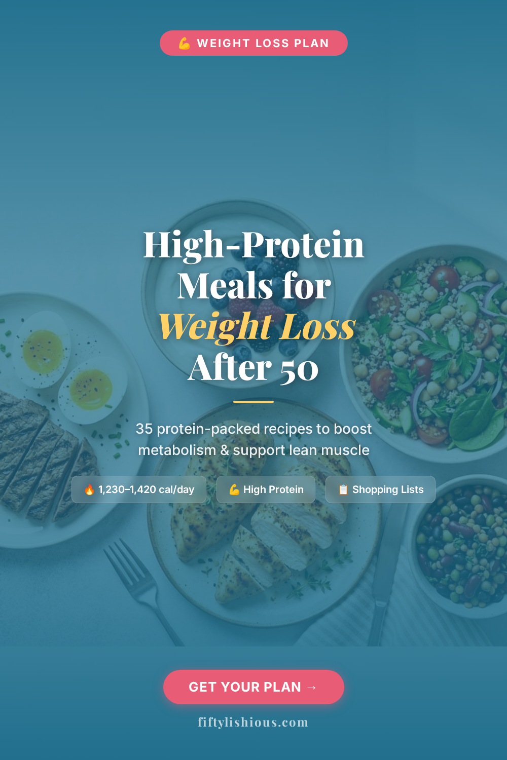 High-Protein Meals for Weight Loss After 50 — Teal & Pink Meal Plan Promo Pin