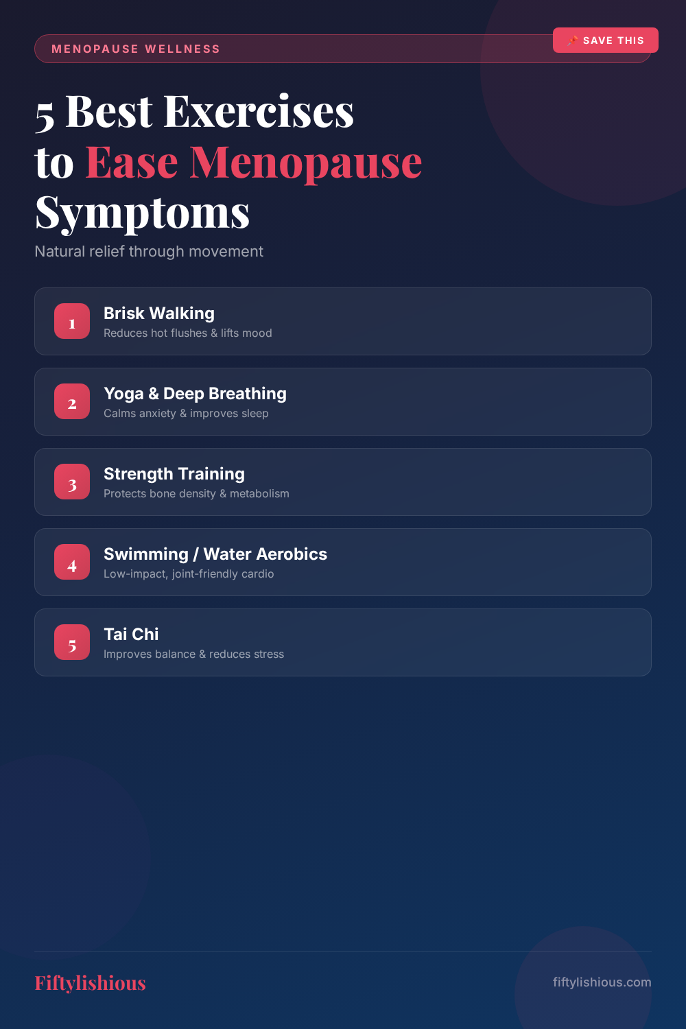 5 Best Exercises to Ease Menopause Symptoms — Dark Navy Infographic Pin