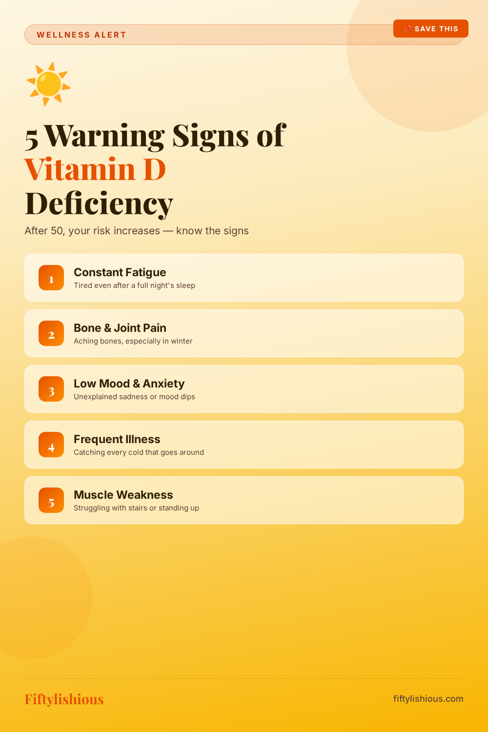 5 Warning Signs of Vitamin D Deficiency After 50 — Sunshine Gold Infographic Pin (NEW)