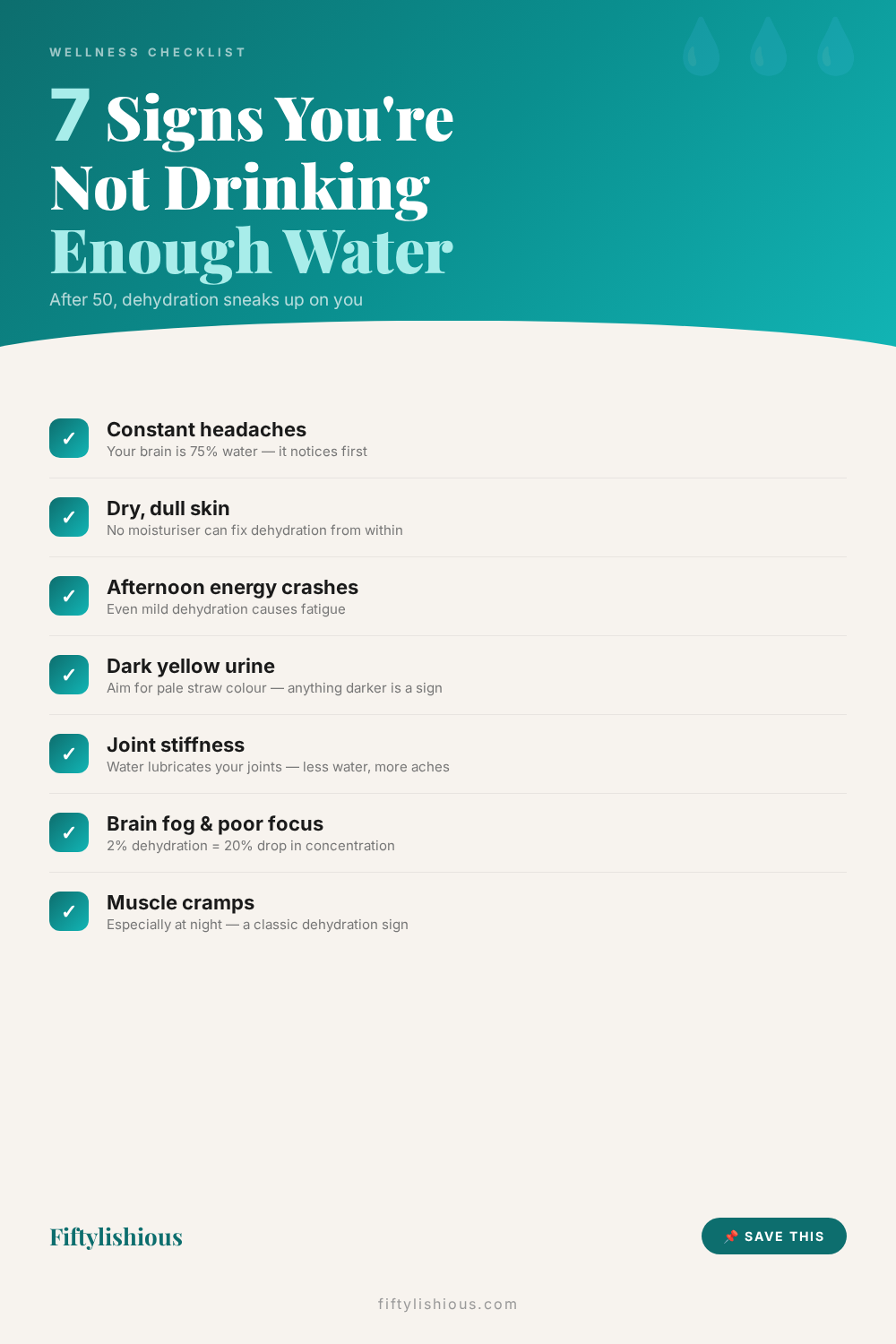 7 Signs You're Not Drinking Enough Water After 50 — Teal Checklist Pin