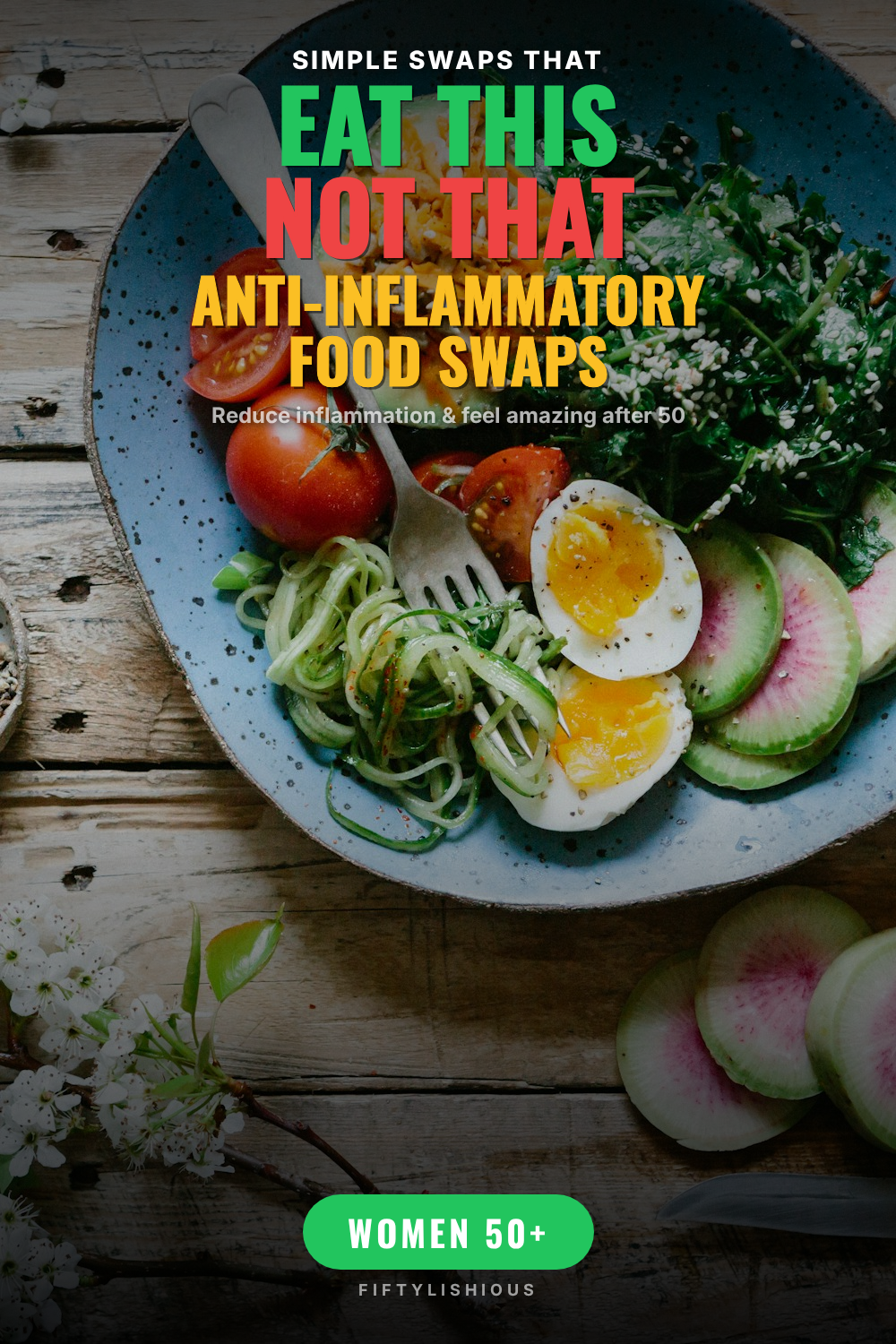 Eat This, Not That — Anti-Inflammatory Food Swaps — Green & Red Text-Over-Photo Pin