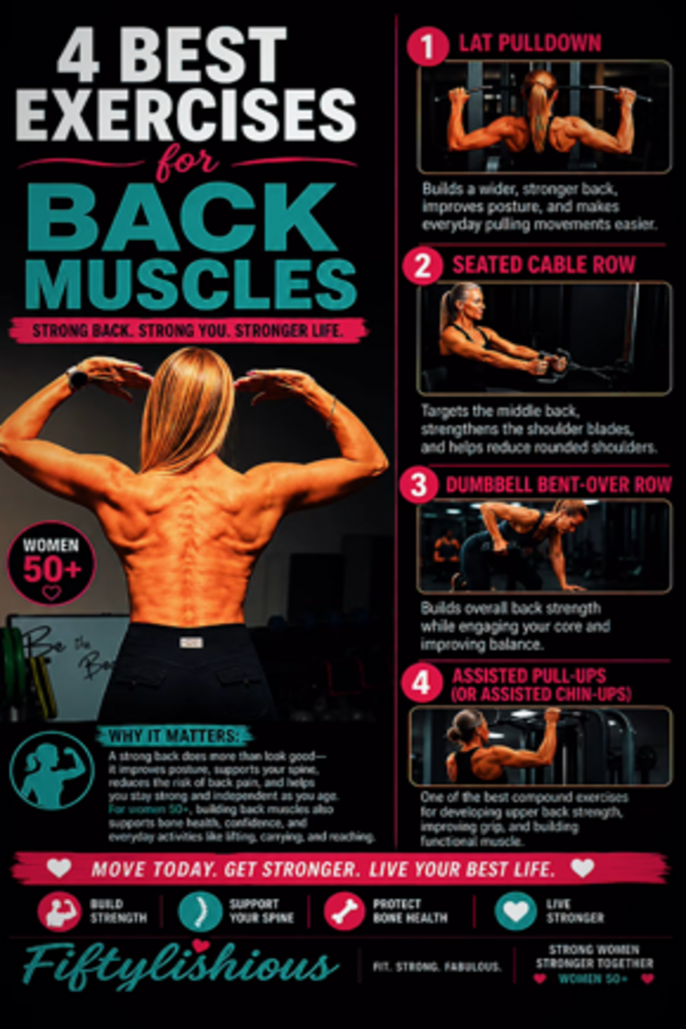 4 Best Exercises for Back Muscles — Women 50+ Dark Infographic Pin